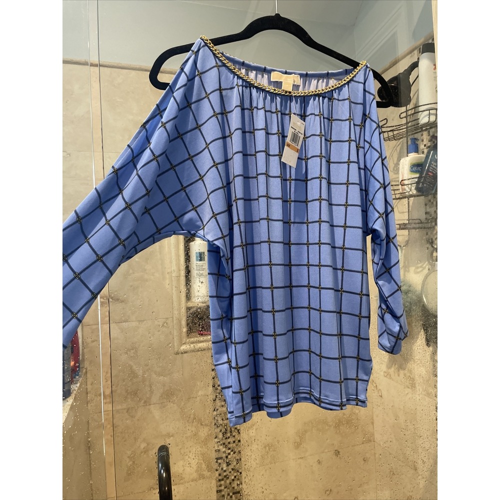 Michael Kors Cold Shoulder Chain Link Top Blue Equestrian Blouse S NEW MH65KNX5W